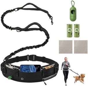 LOMOOWAY Hands Free Dog Leash with Waist Belt & Bag, Shock Absorbing Bungee Dog Leash with Poop Bag Dispenser & Towel for Walking, Running & Training – Holds Up to 220 lbs for Medium & Large Dogs
