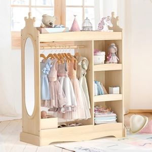 Curipeer Kids Dress up Storage with Mirror, Kids Wardrobe with Storage & 3 Hooks, Kids Closet for Girls Boys, Costume Organizer, Open Hanging Armoire Wardrobe Closet for Bedroom
