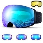 Odoland Unisex Ski Goggles for Men & Women - Photochromic Frameless Snowboard Goggles with Magnetic Interchangeable Lens, UV 400, Anti-fog, Helmet Compatible for Skiing PBL