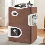 YITAHOME 2-Tier Cat House, Indoor Cat Cave Bed Playhouse, Cat Tunnels with Scratch Pad and Hideaway Cube, Cute Modern Cat Condo Furniture for Multi Small Cats, Classic (Brown)