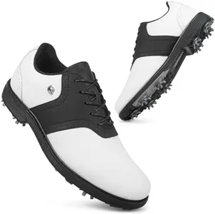 THESTRON Men Professional 9 Spikes Golf Shoes Waterproof Golf Training Sneakers Turf Walking Sneakers Male Spikes Golf Footwears Comfort Golfing Wears (14,White Black)