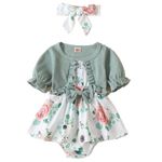 Newborn Baby Girl Romper Dresses Clothes Set Short Sleeve Floral Ruffle Bow Overall Bodysuit Onesie Floral Skirt Hem Outfit (B-style Green, 3-6 Months)