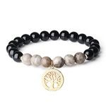 COAI Women's Tree of Life Charm Silver Leaf Jasper Black Tourmaline Bracelet