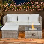 Aweather Rattan Garden Furniture Set with Fire Pit Table 3 Pieces Outdoor Sectional Sofa Set, CSA Certification, All Weather Wicker Patio Conversation Sets for Garden, Poolside, Backyard