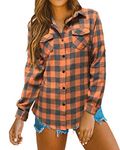 Oyamiki Women Cuffed Long Sleeve Boyfriend Button Down Plaid Flannel Shirt S-XXL Orange