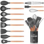 12 PCS Kitchen Utensil Set, Silicone Cooking Utensils with Holder, Natural Wooden Handle Cookware Tongs Spatula Spoon Set, Non Stick & Heat Resistant, Dishwasher Safe(Grey)