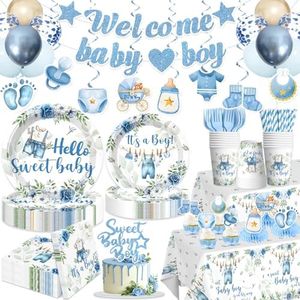 cocomigo 363PCS Blue Baby Boy Shower Decorations Tableware Set, 50 Serves Disposable Plates and Napkins Set, with Cake Topper, Centerpieces, Banner, Tablecloth, for Baby Boy Baby Shower Decorations