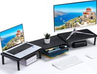 ETHU Dual Monitor Stand ,Double Monitor Riser for PC,Computer, Laptop and Printer,3 Adjustable Shelf Length and Angle Desktop Stand Organizer with Phone Holder and Drawer,Office Accessories.