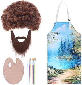 Kyson 80's Painter Costume 10 Pcs Brown Afro Wig Fake Whiskers Aprons Painting Brushes Set for Halloween Couple Cosplay (Set B-4Pcs)