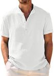 COOFANDY Mens Summer Henley Shirts Button Vacation Shirt Collarless Casual Shirts White