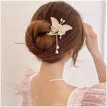 Bincout Meerore Chinese Metal Butterfly Pearl Hair Chopsticks Hair Clip Chignon Pin Hair Decor Hairpin Hair Stick For Women And Girls White-Butterfly