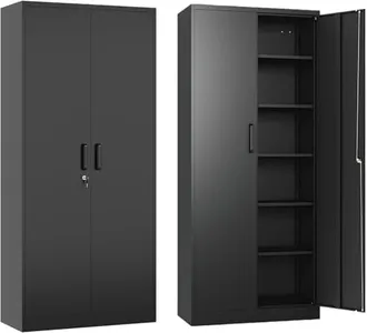 Oasecrilio Garage Storage Cabinet with 2 Lockable Doors, 5 Adjustable Shelves Metal Storage Cabinet, Kitchen Pantry Storage Cabinet, Heavy-Duty Steel Cabinet for Home, 71'H, Black