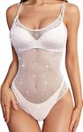 RSLOVE Women Lingerie Fishnet Teddy Sparkle Rhinestone One Piece Mesh Bodysuit Mini Babydoll Sexy Lingerie Set for Women White