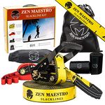 Zen Maestro Slackline kit 65ft Complete W/ Tree & Ratchet Protectors Optional Training Line Arm Trainer Carry Bag, Instruction Booklet-Outdoor Fun for Kids & Adults. Easy to Set Up Ninja Tight Rope.