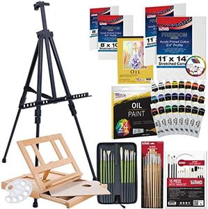 U.S. Art Supply 70-Piece Artist Oil Painting Set with Aluminum Field Easel, Wood Table Easel, 24 Oil Paint Colors, 37 Brushes, 2 Stretched Canvases, 6 Canvas Panels, Oil Painting Pad, Palette & More