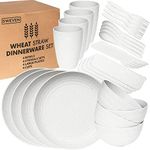 Wheat Straw Dinnerware Sets (28 pcs) | Unbreakable Dinnerware Sets | Dishwasher Microwave Safe Dinnerware | Eco Friendly Non Breakable Dinnerware Sets | Plates, Bowls, Cups, Cutlery | White