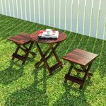 Handmade Wooden Outdoor Wood Standard Foldable Patio Dining Set for Balcony Garden and Outdoor | 2 Chairs and Round Table |(Table - 23.5 x 24 Inch) (Chair - 15 x 16 x 17 Inch) (Coffee Color)