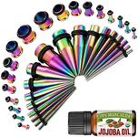 BodyJ4You 37PC Ear Stretching Kit - 14G-00G Beginner Gauges - Aftercare Jojoba Oil - Rainbow Steel Tapers Single Flare Plugs Tunnels - Stretchers Expanders Eyelets