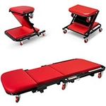 Crystals 2-In-1 Foldable Mechanics Creeper Seat, 150KG Capacity Convertible Padded Seat Rolling Car Creeper with Six 360 Wheels, Heavy Duty Roller Garage Seat for Garage Workshop, Red (40 Inch)