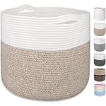 MicroIdeas Large Woven Basket 15.8x13.8in, Cotton Rope Baskets living room, Laundry Basket, Toy Bin, Decorative Round Baskets Storage Organization for Blanket Throw Decor - White & Brown