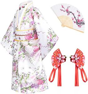 Japanese Traditional Dress Kimono Robe for Kids Girls Costume Silk Folding Fans hairstick Set(White130cm)