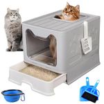 PINVNBY Large Foldable Cat Litter Box with Drawer Enclosed Cat Potty Tray with Lid Top Entry Toilet Anti-Splashing Cat Supplies with Plastic Scoop Easy Clean No Smell Kitty Toilet(Gray)