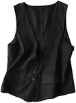 Dongfeng Women's Cotton Linen Sleeveless Vest Casual V Neck Button Down Blazer Waistcoat Jackets, Black, Large