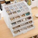 Earring Holder Organizer Box with 5 Drawers, Clear Acrylic Jewelry Organizer for Women Girls, Jewelry Storage with Stackable Jewelry Trays for Earring Ring Bracelet Necklace, Beige