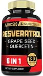 180 Capsules - 6in1 Trans Resveratrol Supplement with Grape Seed, Milk Thistle, and More - Resveratrol 1000mg Organic Supports for Immune System, Heart Health, Body Management & Joint Health