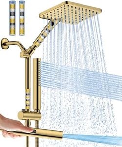 Hombeter Filtered Shower Head with Handheld Spray Combo High Pressure Rain Shower Head Dual Shower Head with Filters - Removes Chlorine Height Adjustable & Built-in Power Wash (Gold)