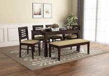 AADITYA WOODS Solid Sheesham Wood Six Seater Dining Table Set with Chairs & Bench for Living Room Home Wooden 6 Seater Dining Table for Home Office Dining Room Set- Walnut & Cream