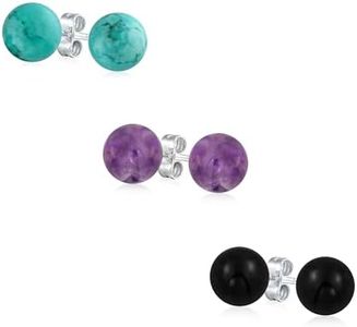 Set of Three Simple Gemstone Purple Amethyst Turquoise Onyx Round Ball Stud Earrings For Women .925 Sterling Silver 8MM