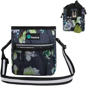 PetAmi Dog Treat Pouch, Pet Treat Pouch for Training, Dog Walking Bag Holder for Kibbles, Pet Food Toy, Dog Trainer Essentials Supplies, Poop Bag Dispenser, 3 Ways to Wear (Floral Grey)