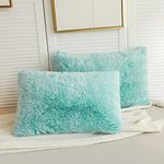 LIFEREVO 2 Pack Faux Fur Pillow Shams,Shaggy Plush Home Decorative Luxury Series Super Soft Furry Pillow Case with Zipper Closure for Sofa Couch Decoration,Standard Queen(Ombre Aqua Green,20"x26")