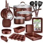 NutriChef 20-Pc. Nonstick Kitchen PTFE/PFOA/PFOS-Free Heat Resistant Silicone Handles Cookware Bakeware Set w/Saucepan, Frying Pans, Cooking, Oven Pot, Lids, Utensil, Brown-NCCW20SBR, One Size, Brown