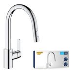 GROHE Get - Kitchen Sink Pull-Out Mixer Tap (2 Spray Options, High Spout, 360° Swivel Range, 35mm Ceramic Cartridge, Smooth Docking, Tails 3/8 Inch, QuickMount Included), Size 381mm, Chrome, 31484001