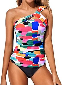 Tempt Me Color Block Two Piece Tankini Bathing Suits for Women One Shoulder Swim Top with Bottom Swimsuits M
