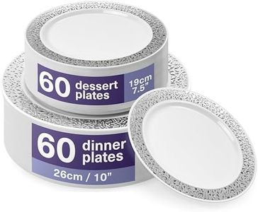 MATANA 120 Premium White Plastic Plates with Silver Lace Rim - 60 26cm Dinner Plates, 60 19cm Dessert Plates - Elegant & Reusable Party Tableware for Weddings, Birthdays, BBQ, Parties