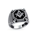 Mens Large Solid Two Tone Black Inlay Style Compass Freemason Masonic Signet Ring For Men Oxidized .925 Silver Made In Turkey