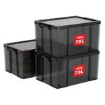 Cetomo 70L*3 Storage Boxes, Stackable Storage Box with Lids, Heavy-Duty Lidded Container with Wheels, Reinforced Corners, Vertical Sides and Clip Closure, Durable, Plastic, Clear Black, 70L-3Pack