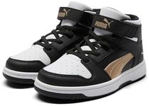 PUMA Rebound Layup Mid Hook and Loop Sneaker, Black Gold White, 13.5 US Unisex Little Kid