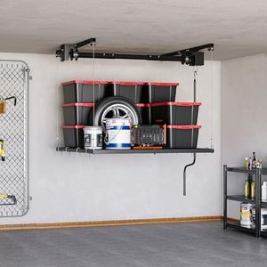 GarveeTech Overhead Garage Storage Rack, Heavy Duty Adjustable 4x4 ft Ceiling Mounted Storage Racks, 350 Lb Capacity Overhead Garage Storage Rack with Manual Safety Lock for Garage Ceiling Storage
