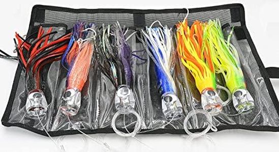 Fishing Lure Set of 6 Trolling Saltwater Skirted Lures: 9 inch Rigged Lures and Black Bag Included. Catch Any Predatory Pelagic Fish in The Ocean Including Dolphin Tuna and Wahoo!