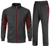 BGOWATU Men's Tracksuit Athletic 2-piece set Casual Full Zip Running Suits Set Long Sleeve Sports Sweatsuits Dark Grey Wine Red XXL