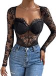 SHENHE Women's Sheer Floral Lace Sweetheart Neck Long Sleeve Bustier Bodysuit Tops, Black, Small