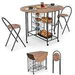 TANGZON 3PCS Folding Dining Table and Chairs, Rolling Drop Leaf Dining Table and 2 Chairs with Mesh Shelves, Wire Baskets & Wheels, Metal Frame Kitchen Dining Set for Dining Living Room (Brown)