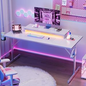 Bestier 52 inch Gaming Desk with Power Outlets and USB Charging Ports, Computer Desk with LED Lights and Monitor Stand, Gamer Desk for Home Office, Easy to Assemble, Carbon Fiber White