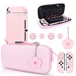 DLseego Pink Switch Case Set Carrying Case with 10 Slots Cute Protective Dockable Hard Shell with 4PCS Lovely Cat Paw Thumb Grips Caps and 1PC Flower Blossom Chain for Switch 2017 Version