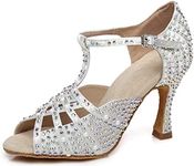 Minishion Women's T-strap Crystals Bead White Satin Dance Shoes Wedding Sandals US 7