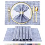 BETEAM Placemats Set of 6 Woven Vinyl Placemat for Dining Table Washable Wipeable Kitchen Place Mats Durable Indoor Outdoor Table Mats -01 Blue White, 6 Pcs